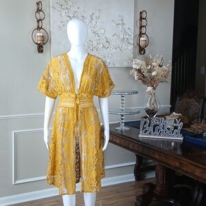 Mustard Yellow Summer Boho Lace Kimono Cover-Up Duster Short Sleeves. Size S
